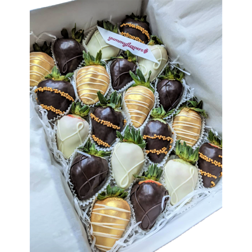 20pcs Black, White & Gold with Gold Beads Chocolate Strawberries Gift Box
